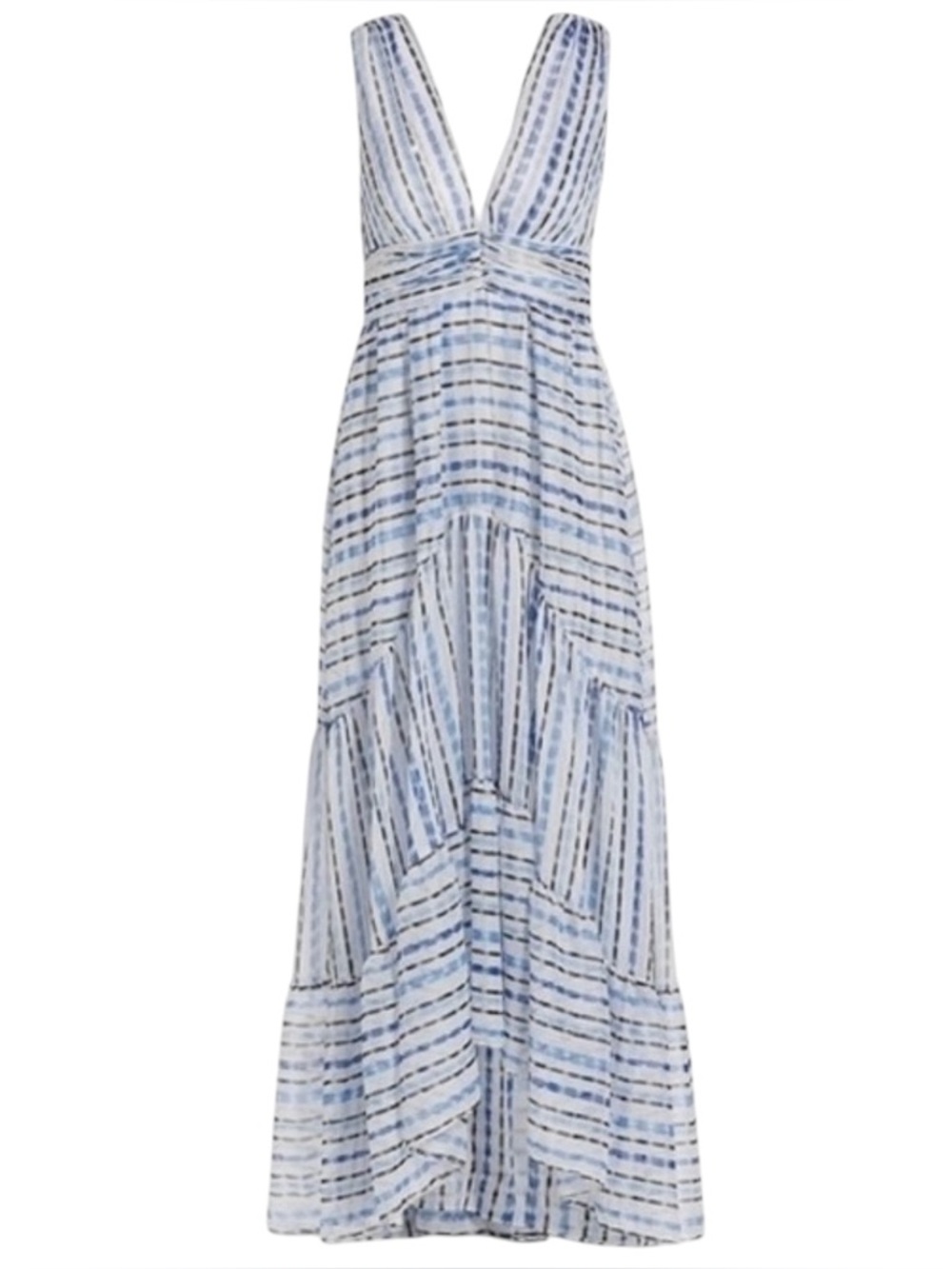 MISA Dominika Chiffon Scorpios Stripe Sleeveless Double V-Neck Tiered Maxi Dress